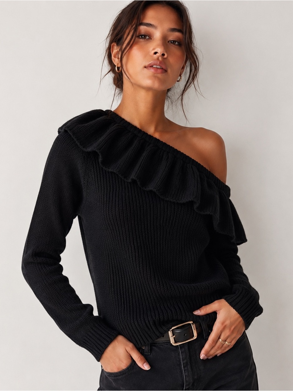 Rebecca Taylor Black Off-the-Shoulder Sweater